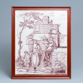 Een Delfts mangaan tegeltableau: 'Abraham stuurt Hagar en Ismael weg', Aalmis, Rotterdam, 18e eeuw